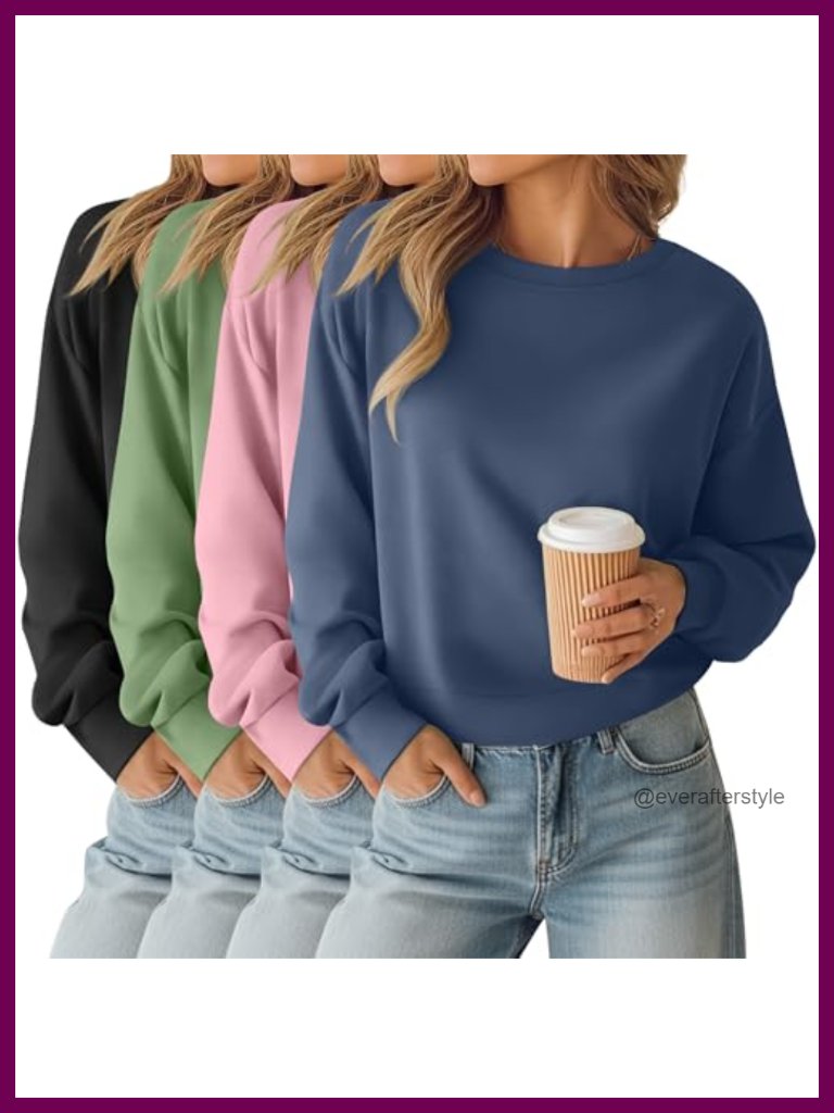 4 Pack Long Sleeve Cropped Sweatshirts Crew Neck Loose Fit Thermal Tops